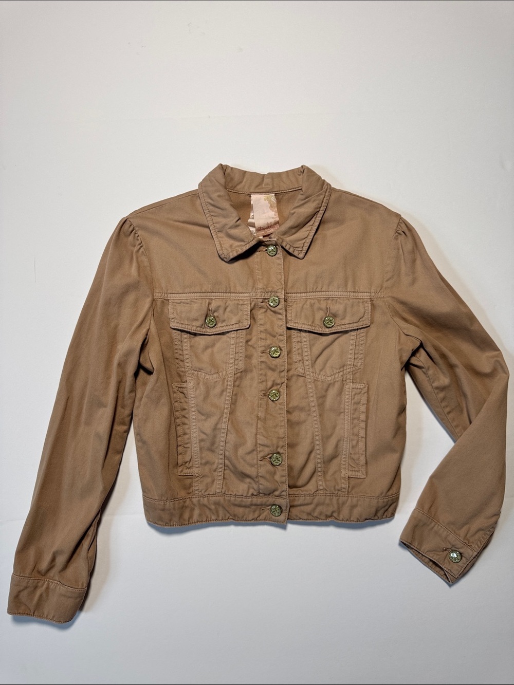 DA-NANG VTG Women's Tan Button-Front Jacket Signature Buttons Pleated Shoulder S